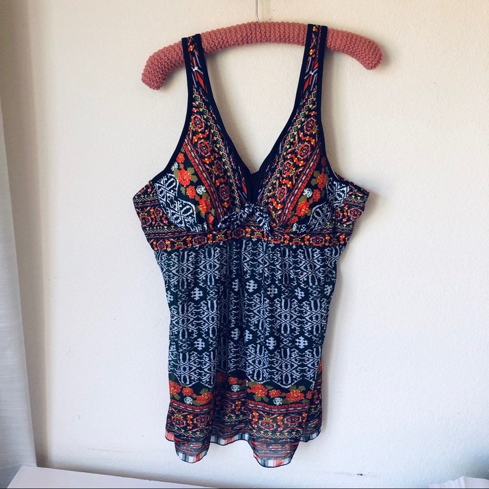 2X two piece swimsuit. Very colorful.